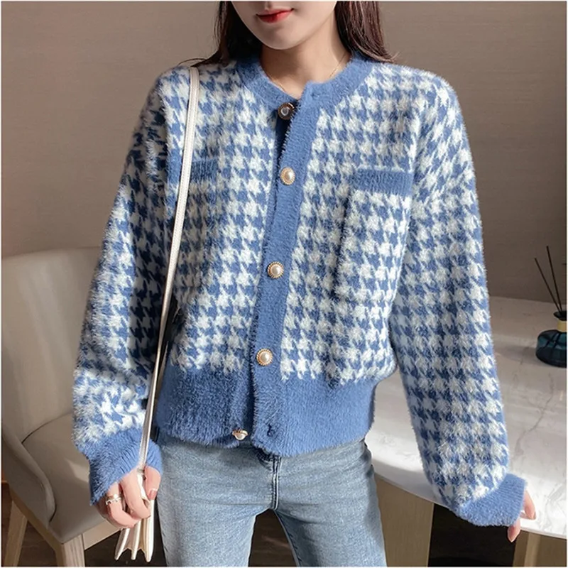 

Autumn Winter Sweater Cardigan Jacket Women Short Korean Version Of Thick Plaid Imitation Mink Velvet Fashion Knitted Top C154