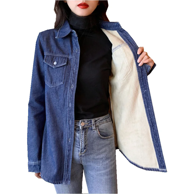 New Autumn winter women Warm thickening pocket long sleeve blouse cotton flannel Denim shirt casual tops