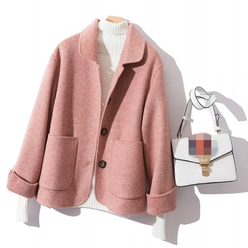 

Spring Autumn Cashmere Short Coat Women Fashion Lapel Single Breasted Suit Jacket Streetwear Long Sleeve Wool Outerwear S-L