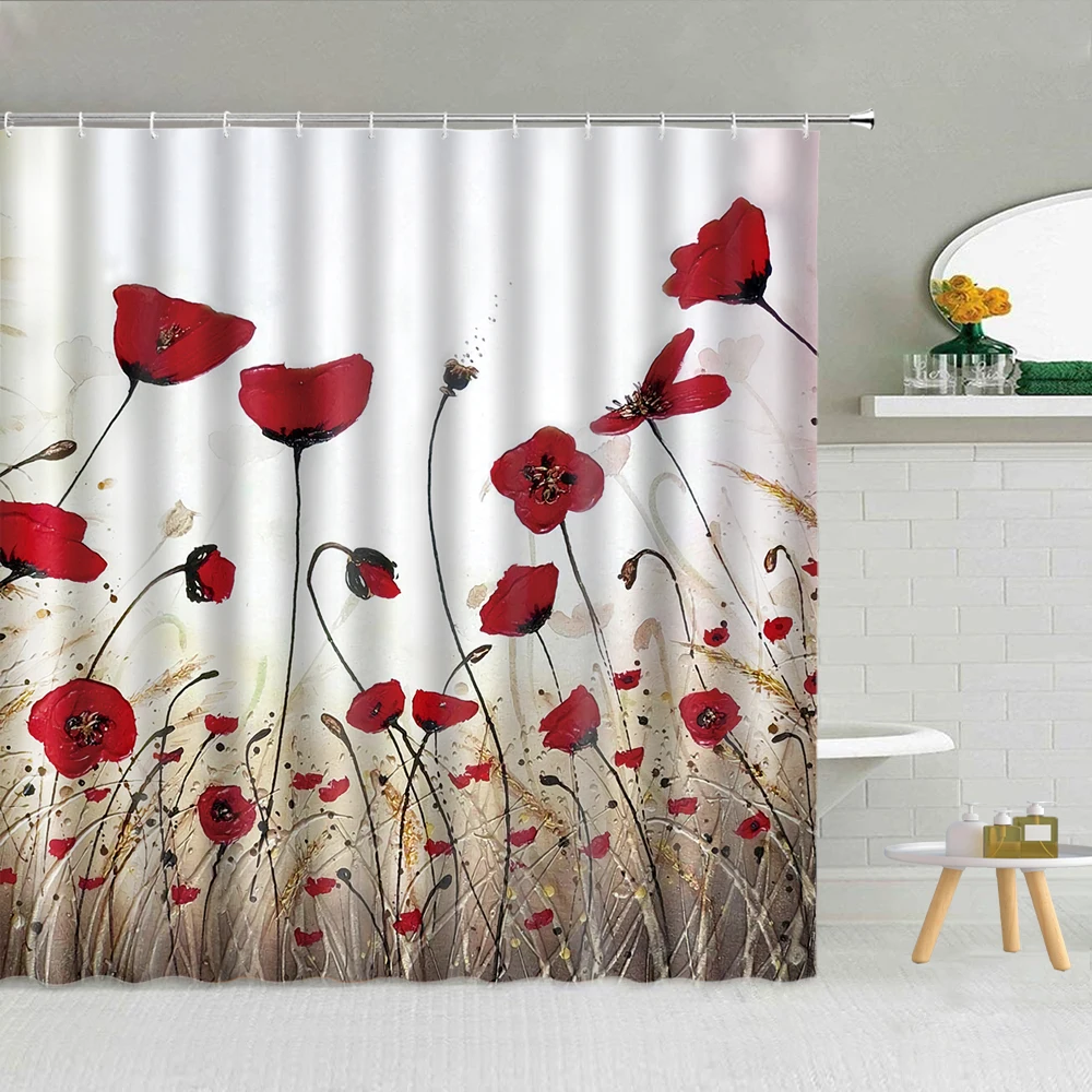 Занавеска для душа с красным маком картина маслом растения зеленые листья Ретро