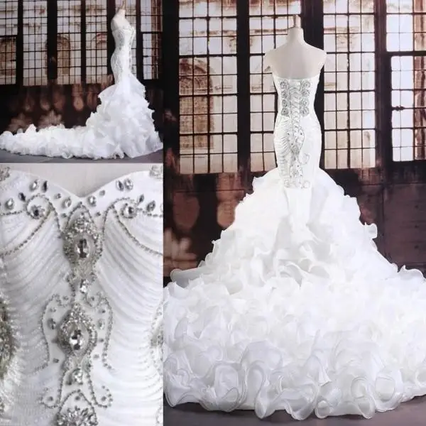 

Mermaid Wedding Dresses Ruffles Organza Bridal Gowns Luxury Crystals Beading Lace up Chapel Train Corset Back Real Sample
