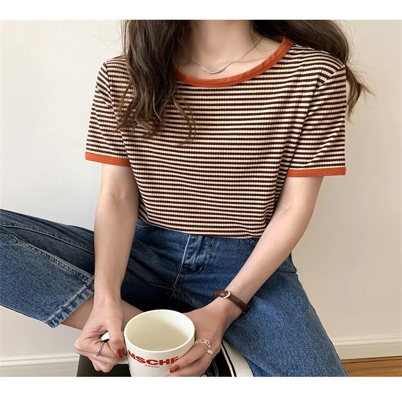

Vintage Striped Short Sleeve T Shirts Women Kawaii Summer 2021 Korean Fashion y2k Chic Basic Stretch Casual All Match T-shirt