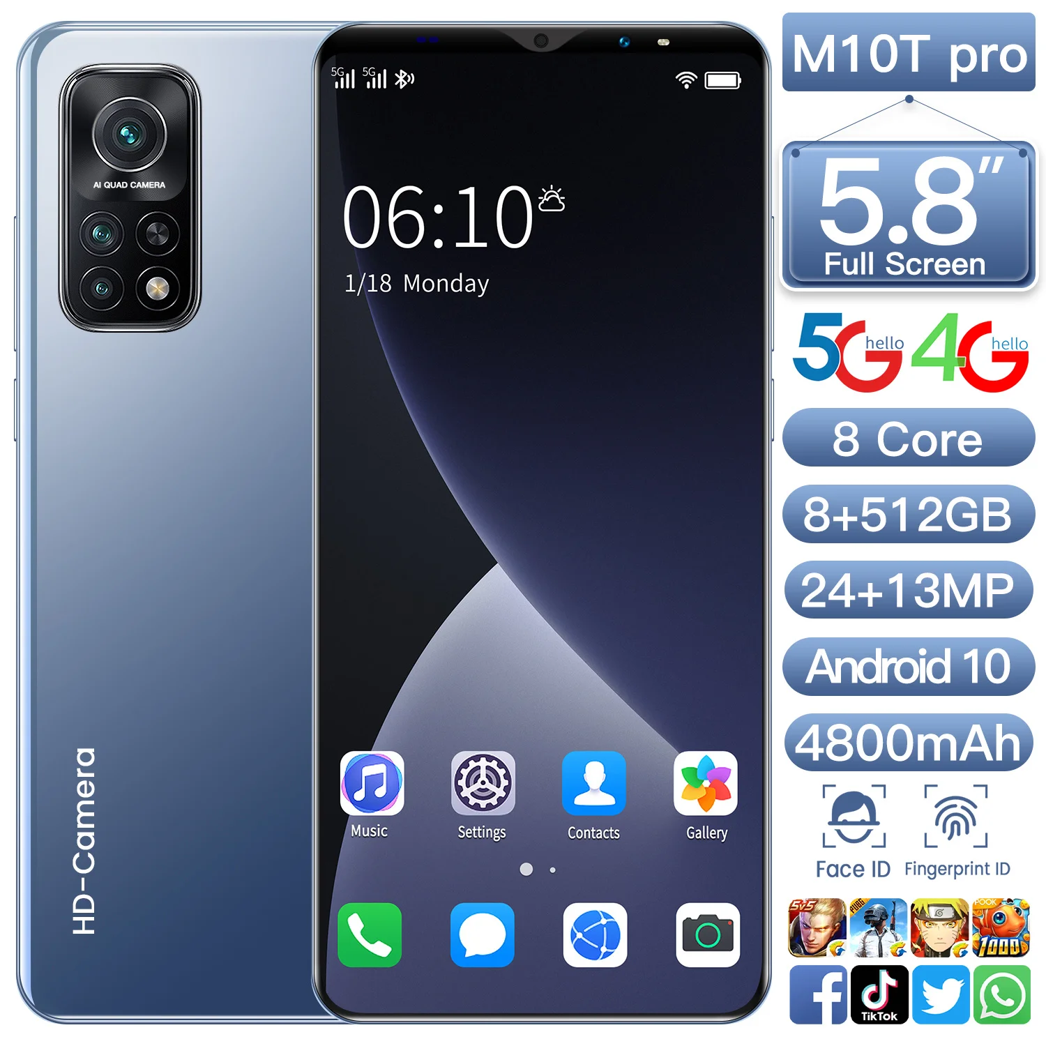

M10T Pro 5.8 Inch Cellphone 8GB+256GB Andriod Cheap Smartphone HD Camera 13mp+21MP 4800mAh Face ID Dual SIM Card Mobile Phone