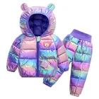 Детский комплект зимней одежды, теплый пуховик с капюшоном и мультяшным медведем для мальчиков и девочек, зимний комбинезон для маленьких мальчиков, пальто, лыжный костюм, 2021