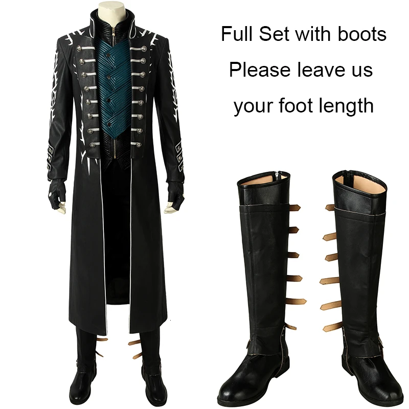 with boots May Cry 5 игровой костюм вергил косплей для взрослых на заказ Хэллоуин Рождество карнавал супергерой куртка жилет брюки перчатки сапоги кожа - Цвет: with boots