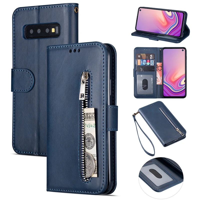 Blue Роскошный кожаный бумажник с застежкой-молнией A70 A50 A40 A30 A20 A10 M10 M20 M30 M40 карты Стенд флип чехол для samsung J4 Plus J6 чехол Capa - Цвет: Blue