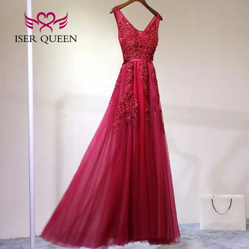

Sleeveless V neck Lace Appliques Evening Dress New Plus Size Pearls Beaded Backless Sexy Formal Dress For Women EX0006