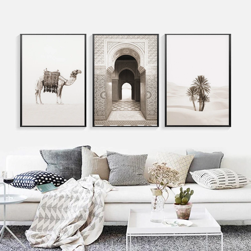 

Moroccan Arch Painting Islamic Camel Desert Cactus Landscape Poster Wall Art Canvas Print Sepia Modern Home Decoration Picture