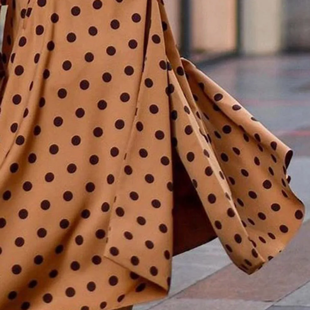 

Spring Women Dress Casual Polka Dot Dress Boho Midi Party Dress Elegant Turn Down Neck Sundress Long Sleeve Vestidos With Belt