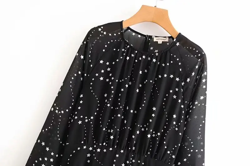 VOGUEIN New Womens Stars Print Transparent O-Neck Chiffon Asymmetrical Black Mini Dress Wholesale | Женская одежда