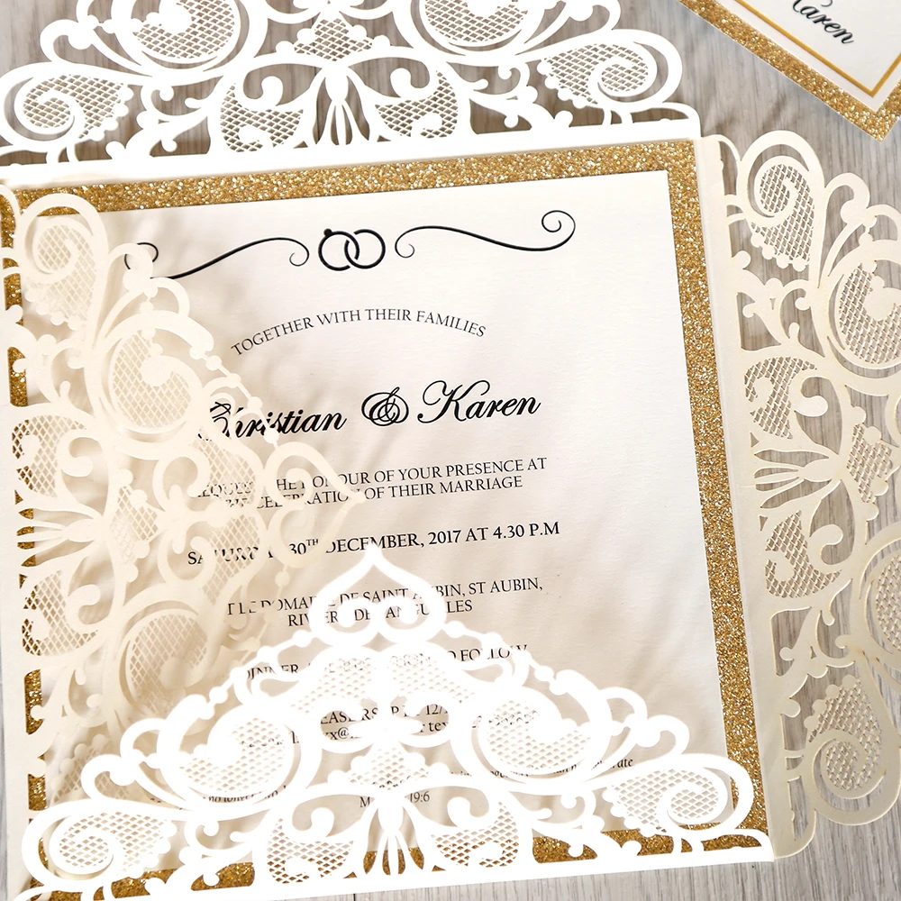 50 шт. свадебные приглашения с золотой блестящей каймой и конвертом CW2519|Открытки
