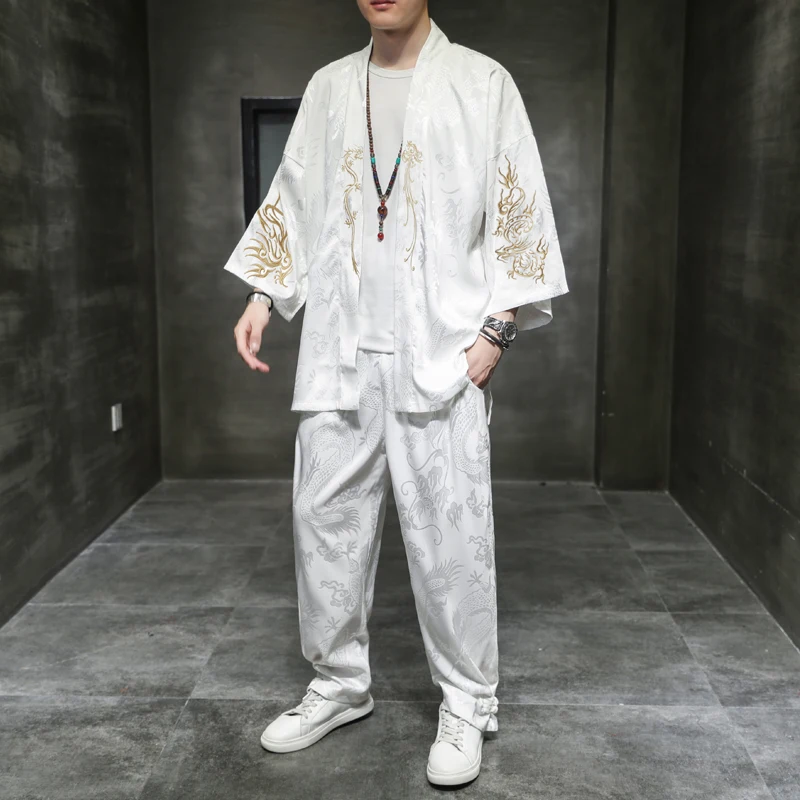 

Plus Size M-4XL 5XL Embroidery Kimono Daopao Robe Suit Summer Traditional Chinese Clothing Style Orient Tang Hanfu for Men Sets