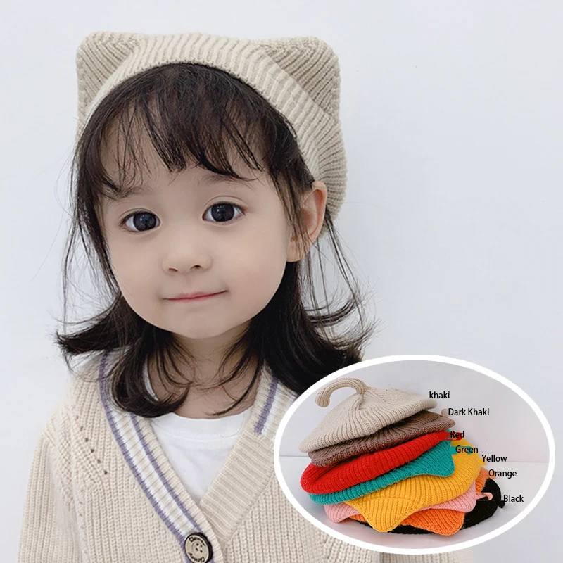 

INS Type 3D Cat Ears Tail Children's Beret Hat Baby Solid Color Autumn and Winter Hat Wild Kids Princess Knitted Wool Warm Caps