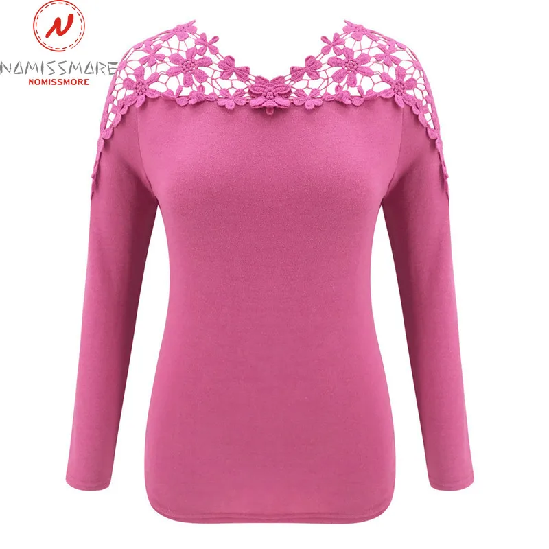 Женская ажурная футболка с длинным рукавом однотонный топ круглым вырезом и