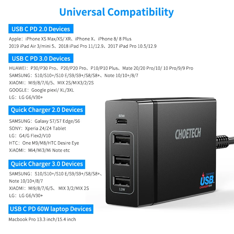 CHOETECH 72 Вт 4 порта usb type C настольная зарядная станция с питанием для iPhone X 8 Plus MacBook Pro зарядное устройство для мобильного телефона