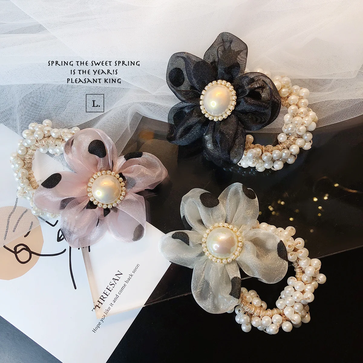 

New Lace Flowers Hair Band Elastic Headband Hair Accessories Silk Floral Pearl Dot Hair Ties Bracelet Ponytail Holders Wholesale