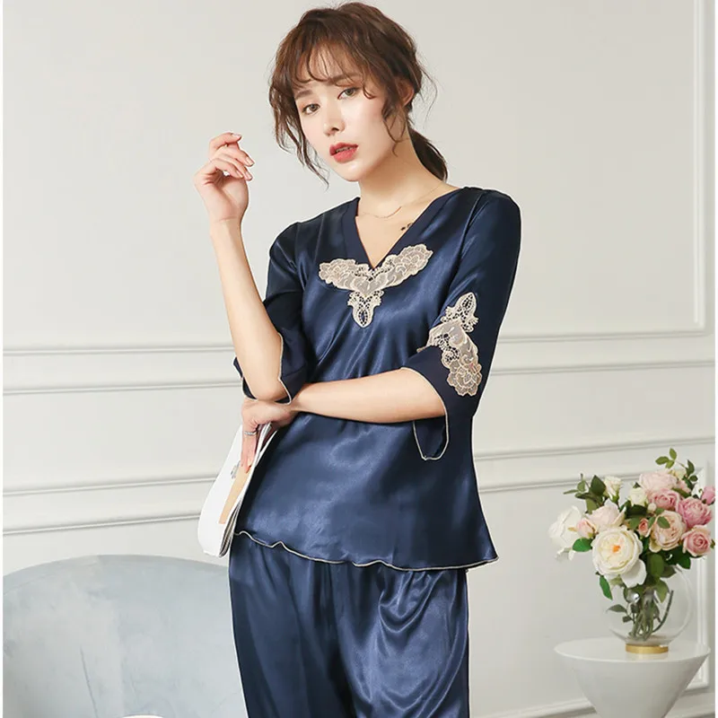 Fdfklak Silk Pajamas V-Neck Pyjamas Woman Night Sleepwear Set Pijama Sexy 2 Piece Home Clothes 2020 New Summer Top+Pant | Женская одежда