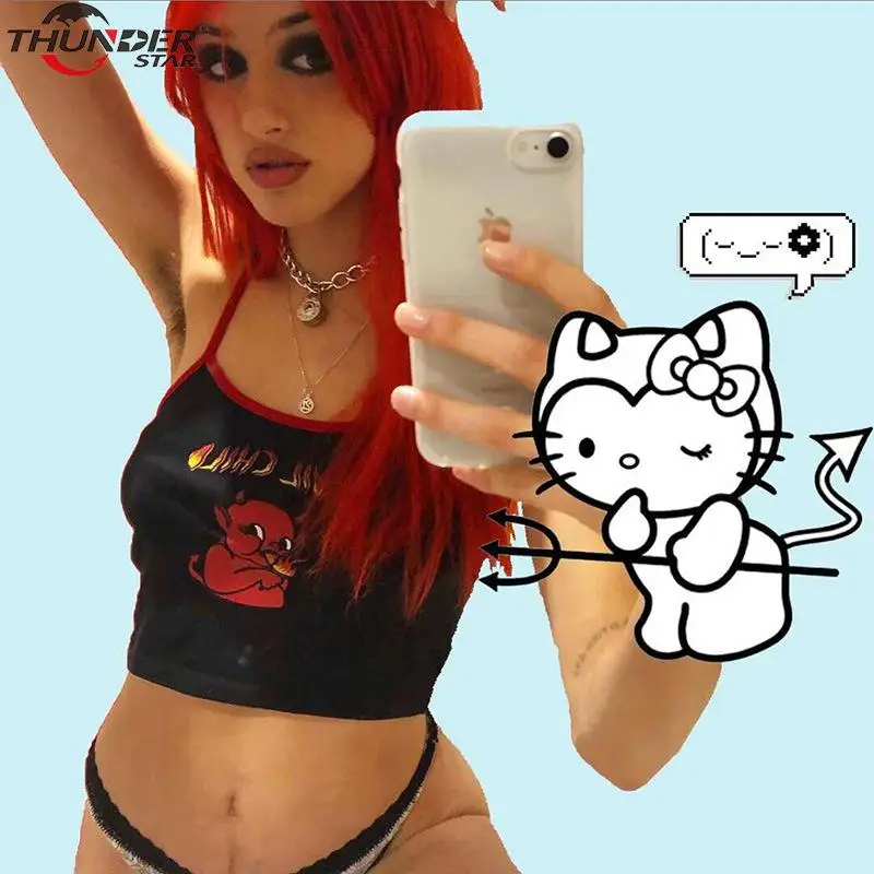 Женский топ на бретельках с принтом демона из кусков сексуальный открытой спиной