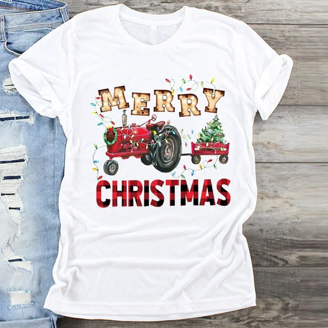 

Christmas Truck Woman Tshirts Christmas Santa Claus Christmas Tree Elk Snowman Print Cartoon Shirts Happy New Year Holiday M