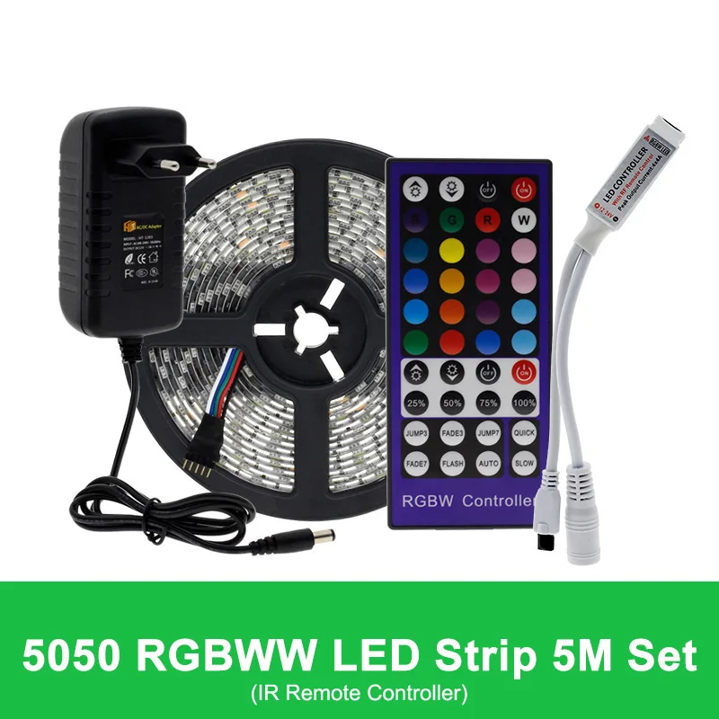 RGBWW IR 40Key 5 м 5050 Светодиодная лента DC12V RGB/RGBW/RGBWW гибкий светильник лента 300 светодиодный s RGB цвет Светодиодная лента комплект+ пульт дистанционного управления+ адаптер питания - Испускаемый цвет: RGBWW IR 40Key