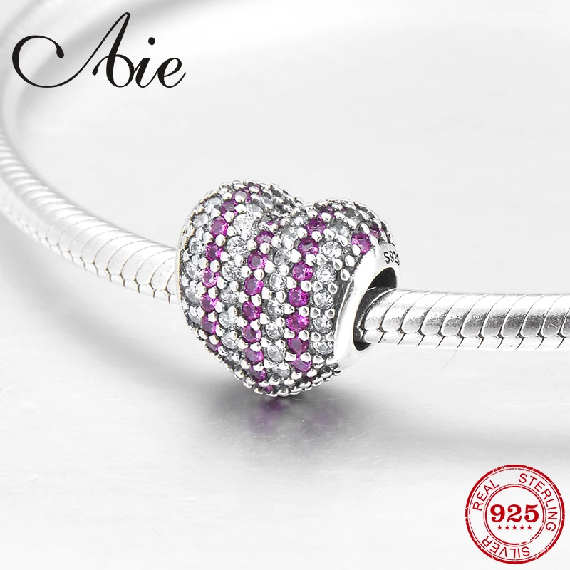 Модное роскошное сердце из стерлингового серебра 925 с блестящей полоской розового цвета из финских бусин, подходящее для оригинальных европейских браслетов-чармов.