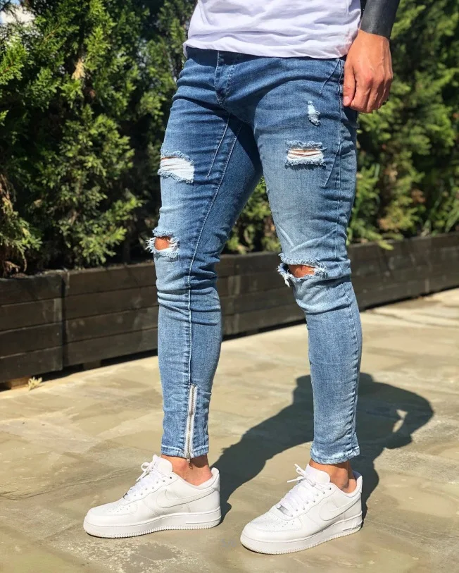 Stretch Ripped Cropped Pants Men 2020 Brand New Mens Destroyed Skinny Denim Trousers Foot Zipper Hip Hop Pencil Jeans for | Мужская