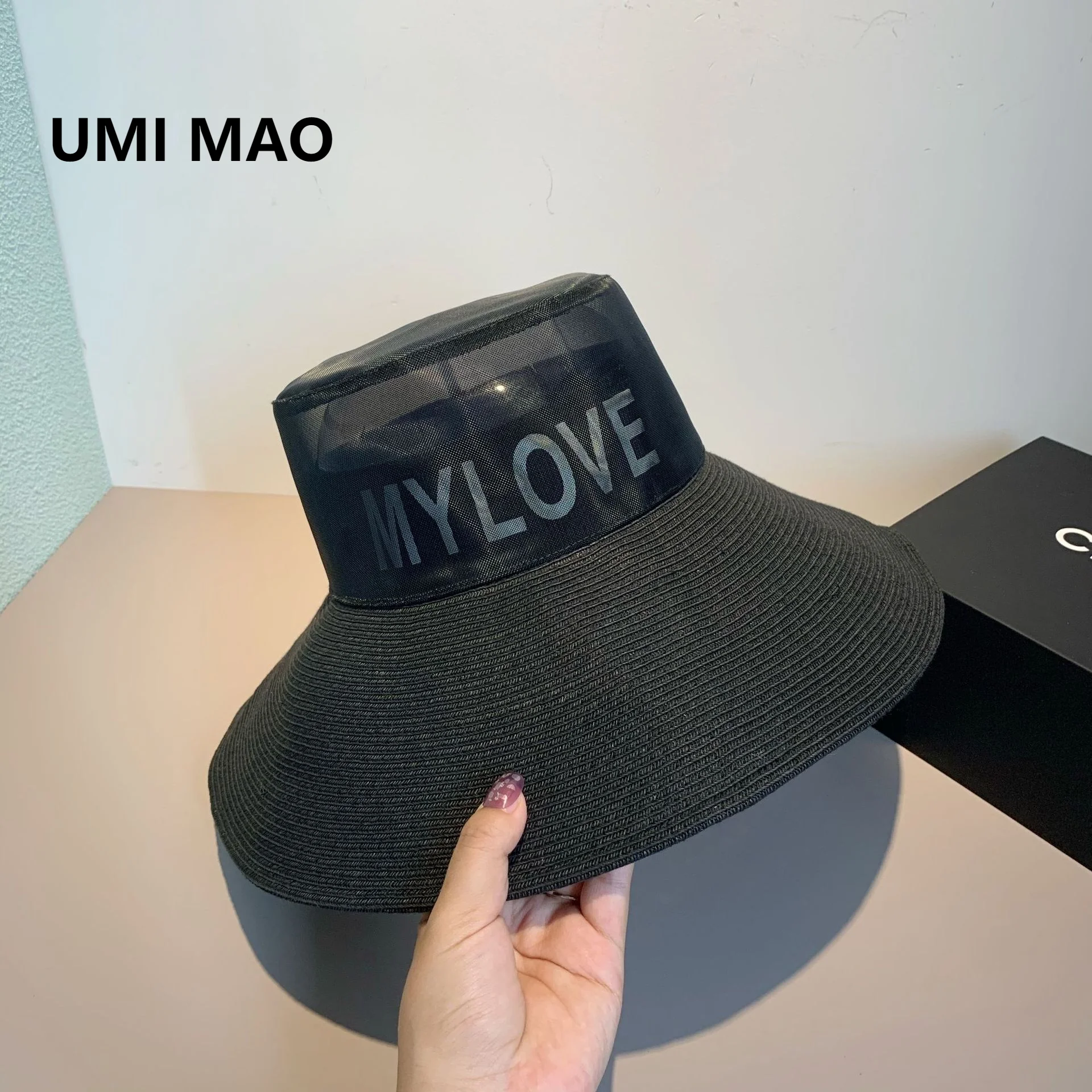 

Летняя уличная шляпа-Панама UMI MAO из дышащей сетчатой пряжи с надписью и маленьким однотонным лицом для уменьшения возраста Y2k