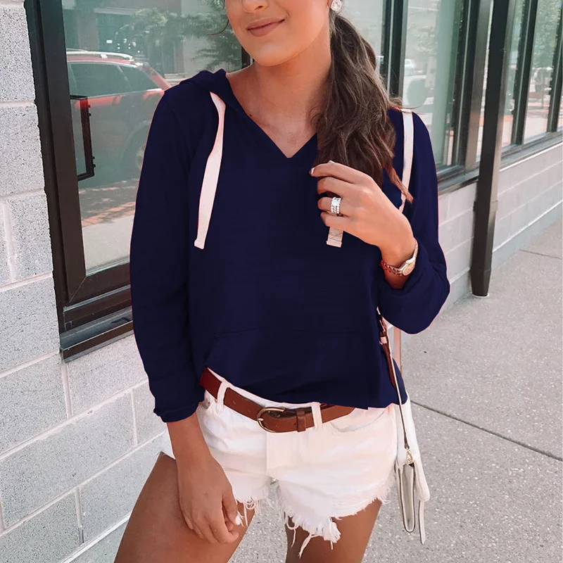 Женская однотонная Толстовка с длинным рукавом V образным вырезом и