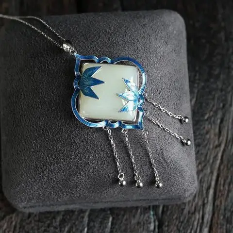 

Hetian Jade Necklace Women's Sterling Silver Enamel Bamboo Joint Pendant Jade Tassel Clavicle Chain Retro Chinese Style Sweater