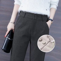 2022 autumn and winter womens casual street loose high waist harem pants ladies solid color wool trousers thin legs h45