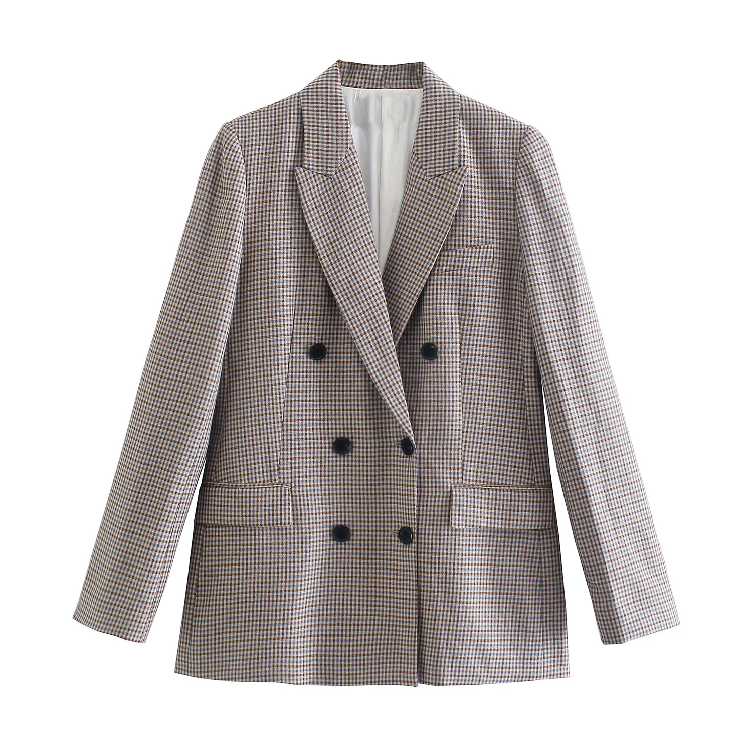 

Women Autumn Linen Plaid Chic Lady Casual Fashion Blazer Jacket Coat Female Notched Collar Double Breasted Pocket Loose Top