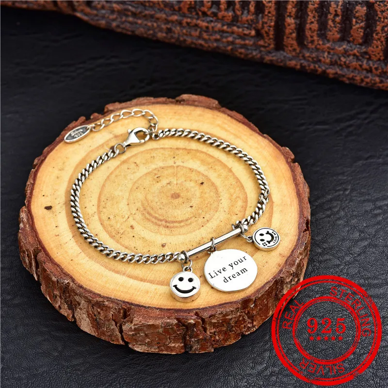 

Vintage style 100% sterling silver 925 bracelet smiley face silver pendant ladies party wedding gift 925 silver jewelry