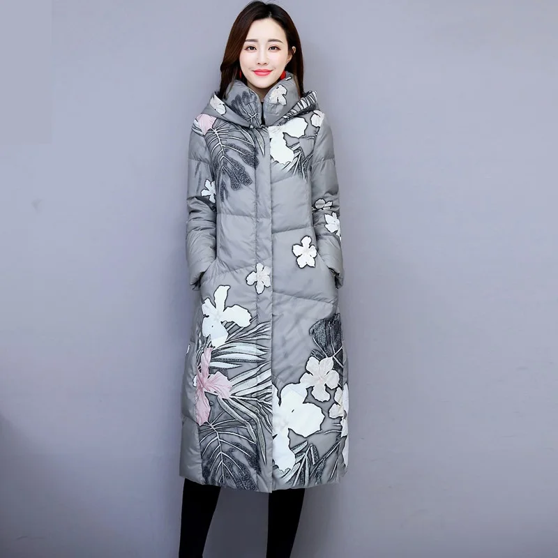 Flower Print Winter jacket Women Long Parkas Slim Down Coat Female Thick Warm Jacket Overcoat 0811-245 | Женская одежда