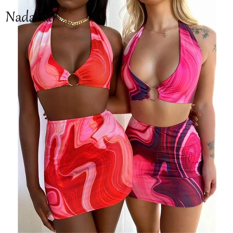 Nadafair Mini Sexy Women Dress Sets Multi Club Outfits Tie Halter Neck 2021 2Piece Bodycon Beach Cut Out Backless Summer Dress