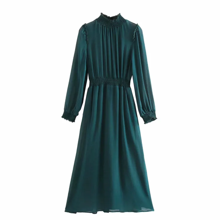 Женское шифоновое платье миди зеленое просвечивающее однотонное с длинным