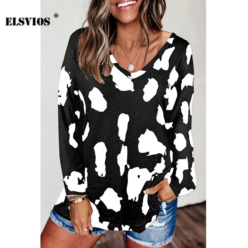 

Fashion Leopard Print V Neck Women's T-shirts Autumn Winter New Long Sleeves Casual Tops Loose Elegant Pullover Female T-shirts