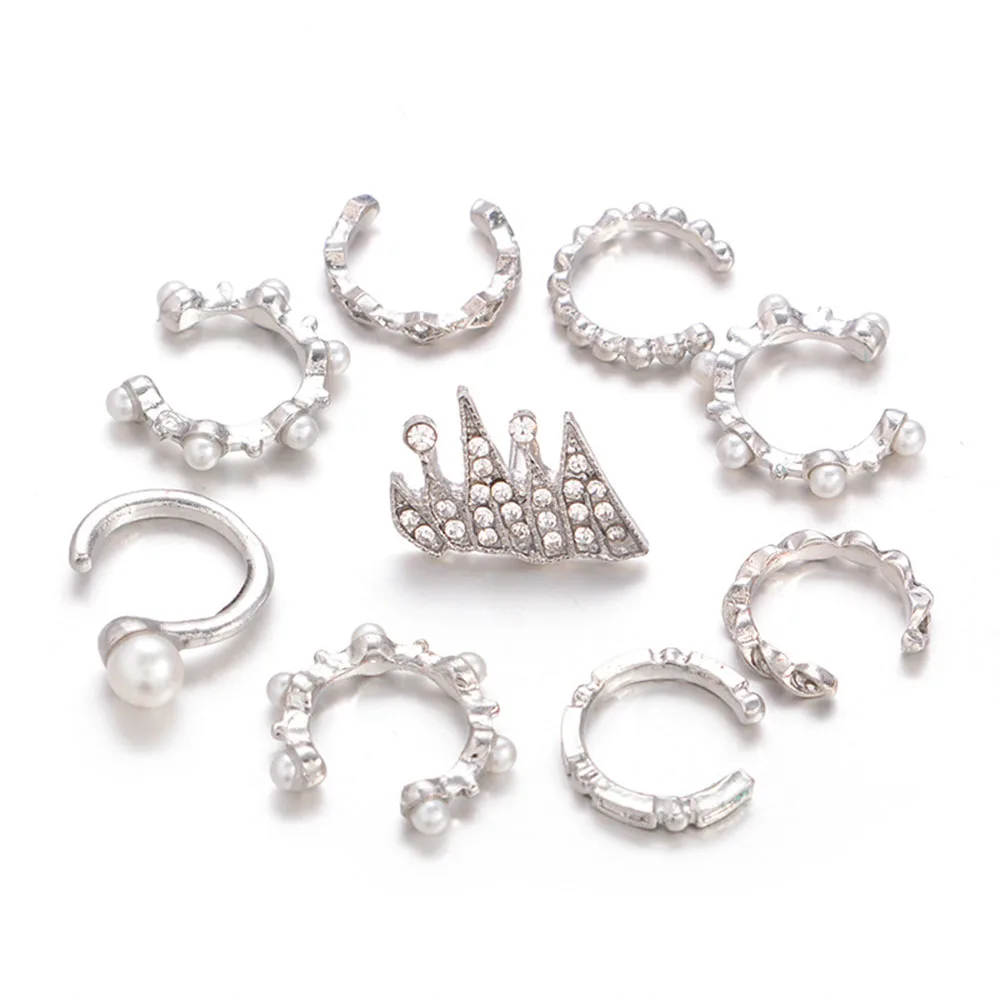 

Explosive retro bohemian fashion ear clips 9-piece personalized hoop crown earrings combination earrings accessories