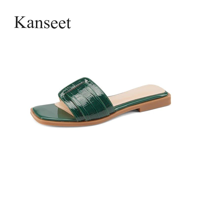 Kanseet Women Shoes 2021 Summer Genuine Leather Slippers Square Toe Casual Comfort Low Heels Green Beige Basic Female Footwear