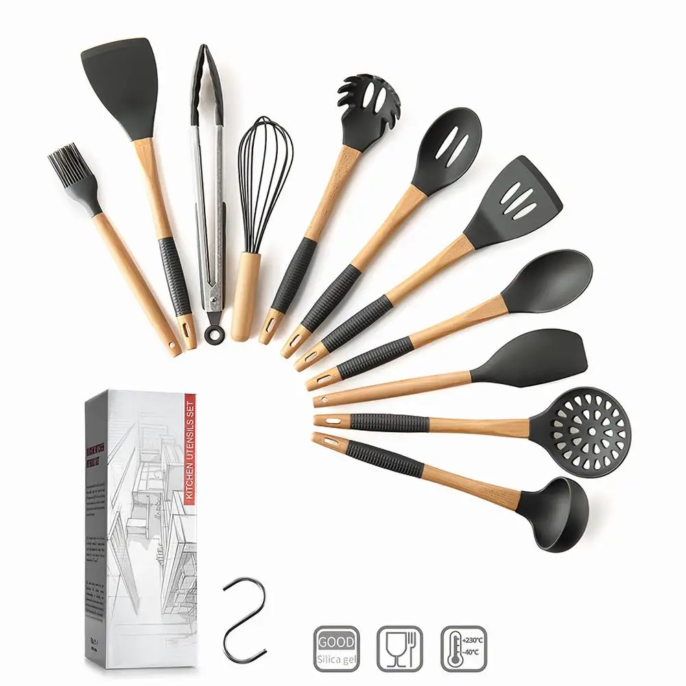 

11Pcs Kitchen Utensils Set Silicone Non-stick Cooking Utensils Set with S Shaped Hook Wooden Handle kitchen cooking utensil set