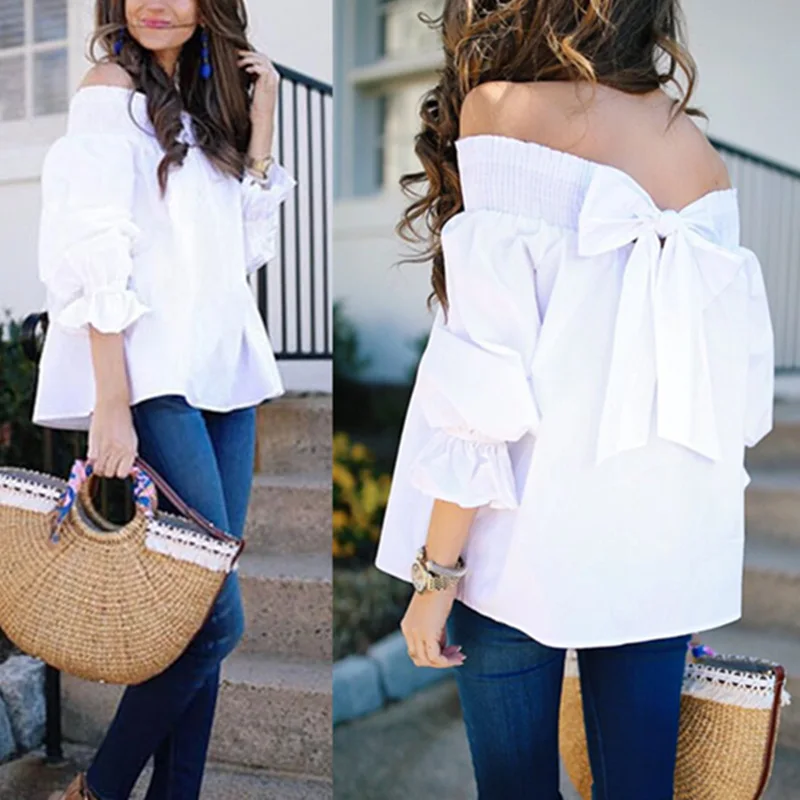 

New Sexy Off Shoulder Spring Summer Strapless Women Blouse Bowknot Tops Slash Neck Shirts Casual Loose Blusas Plus Size