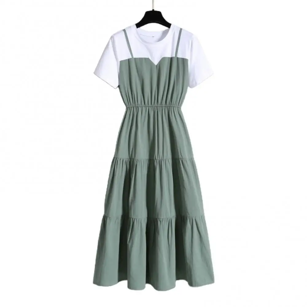 

70% 2021 New Women Short Sleeve O Neck Waist Tight Fake Two Piece Large Hem Knee-length Dress