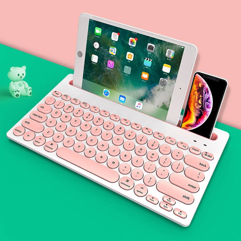 

Multidevices Bluetooth Keyboard Built-in Cradle for Phone/Tablets Support Android/IOS/Windows 3 Devices Connected Simultaneously
