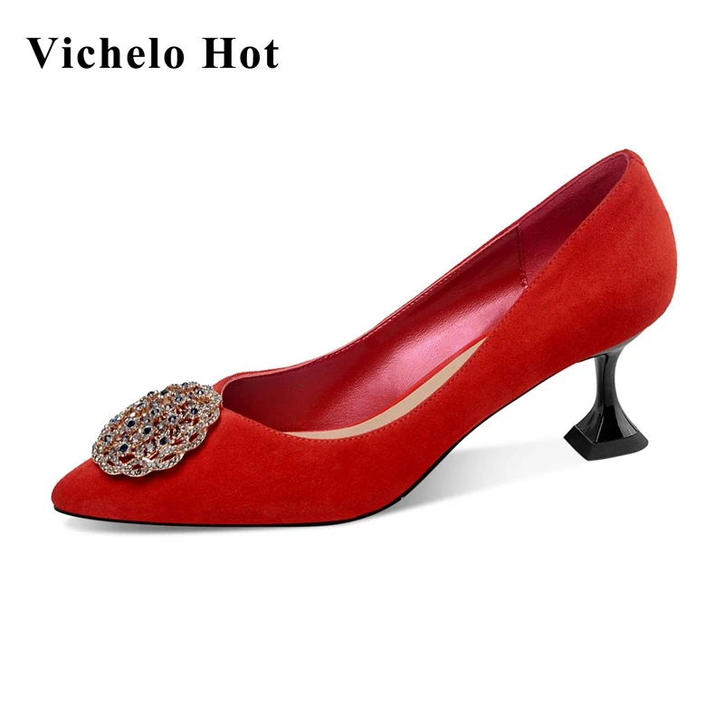 

Vichelo Hot new sheep suede pointed toe strange high heels rhinestone gorgeous wedding shoes beauty lady slip on women pumps L03