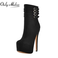 onlymaker winter platform ankle boots multi buckles decoration black flock stiletto high heels shoes zipper for women big size