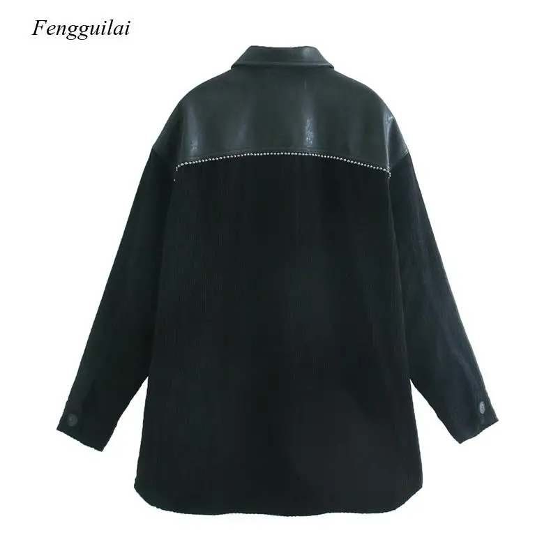 

Women 2021 Fashion Patchwork Corduroy Beads Loose Jacket Coat Vintage Long Sleeve Button-Up Female Outerwear Chic Tops