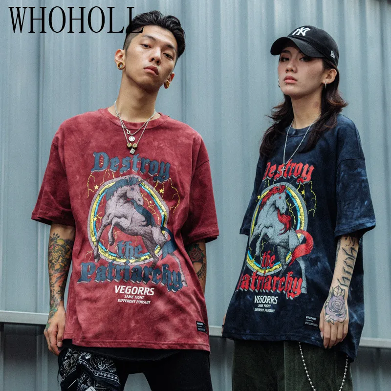 

WHOHOLL Couples T-shirts Short Sleeve High Street Loose Half Sleeve Tie-dyed Printed Trendy Women T-shirt For Men