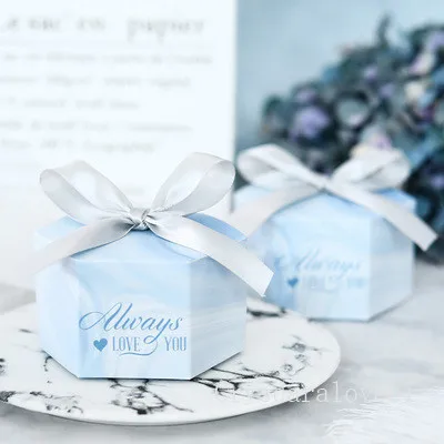 

Blue Marble Hexagon Style Candy Box Wedding Favors and Gifts Boxes Baby Shower Paper Gift Boxes for guests Party Supplies