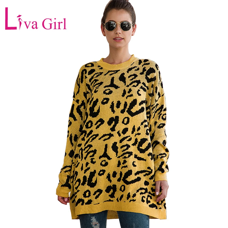 Женский трикотажный свитер с леопардовым принтом круглым вырезом | Женская