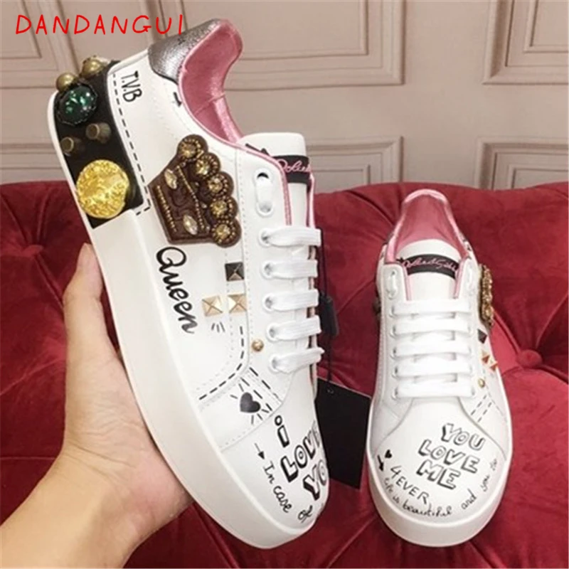 

Luxury Designer Natural Leather Women's Running Shoes White Graffiti Crystal Female Sneakers Spring Autumn Casual Girls Shoes