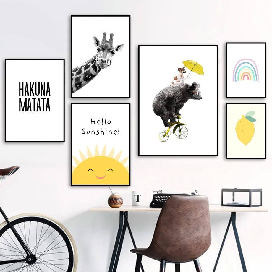 

Wall Art Canvas Painting Yellow Umbrella Dog Bear Giraffe Lemon Cartoon Nordic Posters And Prints Wall Pictures For Kids Room